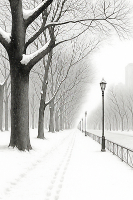 JPG 나무 공원 길 겨울 가로등 일러스트 자연 풍경 빛 산책 산책로 흰색 눈 도시 발자국 나무그늘 국내일러스트 AI일러스트 AI콘텐츠 자연요소 식물 계절 공공시설 컬러 자국 날씨 휴식 그늘 생태계 파일형식