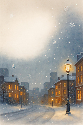JPG 겨울 가로등 일러스트 창문 조명 거리 풍경 야외 건물 빛 환경 도시 시간 눈송이 차가움 감성 국내일러스트 AI일러스트 AI콘텐츠 건축물 계절 공공시설 컨셉 눈_날씨 파일형식