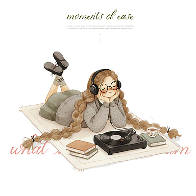 계절 여자 감정 어린이 음향기기 컨셉 관계 모션 문화예술 감각 파일형식 소녀 음악 레코드플레이어 편안함 헤드폰 책 바닥 오브젝트 여름 취미 듣기 감상 즐거움 집중 시간 친구 놀이 PSD 국내일러스트 일러스트 평화 휴식