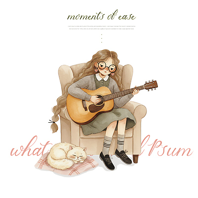 동물 감정 음악 가구 컨셉 의자 포유류 관계 현악기 문화예술 휴식 사람 라이프 반려동물 감각 파일형식 여자 기타 고양이 소파 방 연주 편안함 쉬는시간 일상 친구 즐거움 취미 소리 공간 PSD 국내일러스트 일러스트 평화