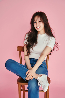 JPG 모델 편집이미지 헤어스타일 옷 여자 분홍색 포즈 백그라운드 상의 의자 바지 웃음 스니커즈 의료성형뷰티 편집실사 컬러 가구 운동화 하의 표정 사람 CG 파일형식