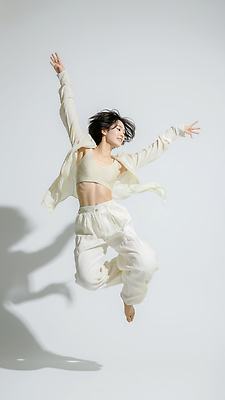 JPG 편집이미지 여자 패션 셔츠 바지 모션 실내 운동 머리카락 점프 댄서 자유 춤 저녁 허리 흰배경 편집실사 AI인물포토 AI콘텐츠 클라우드댄서 직업 백그라운드 컨셉 상의 하의 문화예술 건강 사람 내부 신체부위 머리 흰색 야간 CG 파일형식 트렌드컬러 AI포토 2026트렌드