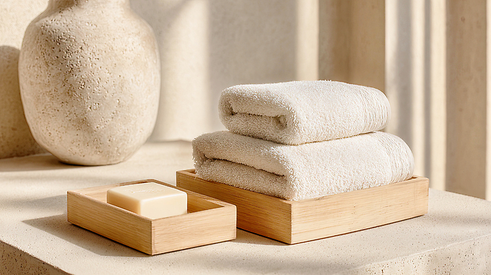 JPG 나무 편집이미지 가정 쟁반 내부 장식 인테리어 수건 깨끗함 전시 공간 욕실 흰색 오브젝트 정리 비누 편집실사 클라우드댄서 식물 디자인 컬러 컨셉 위생용품 CG 파일형식 트렌드컬러 2026트렌드