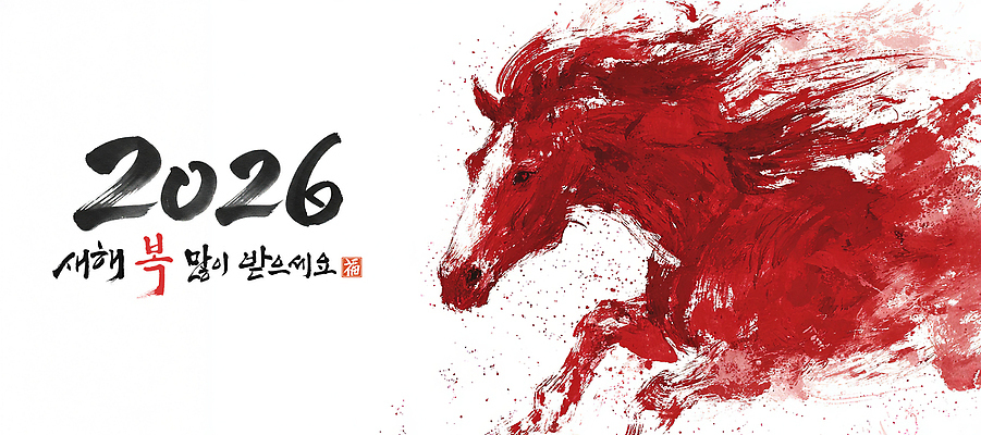 PSD 편집이미지 전통 디자인 문화 백그라운드 캘리그라피 텍스트 새해 이벤트 빨간색 정보 말_동물 알림 그림 말띠 2026년 이미지편집 병오년 붉은말 컬러 포유류 십이지신 연도 파일형식