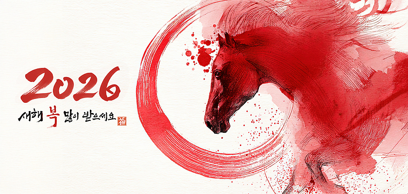 PSD 편집이미지 전통 디자인 문화 예술 컬러 캘리그라피 새해 기념 한국 물감 축하 원형 그림 말띠 2026년 이미지편집 병오년 붉은말 도형 아시아 컨셉 미술도구 십이지신 말_동물 연도 파일형식