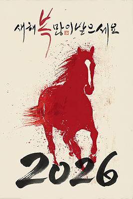 PSD 편집이미지 전통 문화 예술 캘리그라피 새해 한국 빨간색 달력 축하 표현 말_동물 메시지 그림 말띠 2026년 이미지편집 병오년 붉은말 아시아 컬러 컨셉 포유류 십이지신 연도 파일형식