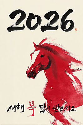 PSD 동물 편집이미지 전통 디자인 예술 캘리그라피 새해 기념 축제 희망 축하 표현 동양화 그림 말띠 한국화 2026년 이미지편집 병오년 붉은말 감정 컨셉 미술 십이지신 말_동물 연도 파일형식