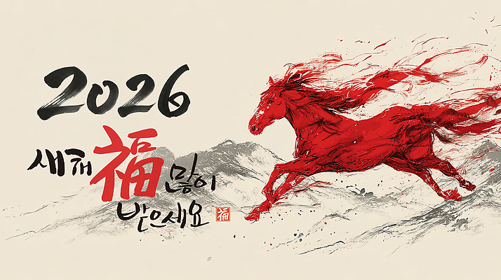 PSD 편집이미지 전통 디자인 문화 예술 상징 캘리그라피 새해 한국 빨간색 달리기 말_동물 메시지 축복 그림 말띠 2026년 이미지편집 병오년 붉은말 아시아 컬러 컨셉 포유류 모션 십이지신 연도 파일형식