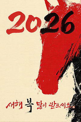 편집이미지 감정 컨셉 포유류 십이지신 말_동물 연도 파일형식 2026년 새해 그림 조명 축하 메시지 컬러 예술 디자인 전통 문화 기념 희망 붉은말 병오년 이미지편집 PSD 캘리그라피 말띠