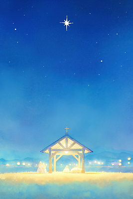 자연요소 계절 기념일 건축 종교 다수 컨셉 사람 신_종교 생태계 파일형식 AI콘텐츠 별 구조물 여러명 조명 하늘 예수 출산 자연 기도 축제 평화 소원 모임 축하 빛 JPG 일러스트 국내일러스트 크리스마스 기독교 겨울 AI일러스트
