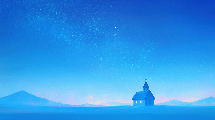 자연요소 계절 기념일 종교 컬러 컨셉 종교건축 건물 노을 야간 생태계 파일형식 AI콘텐츠 교회 겨울 하늘 별 풍경 평원 저녁 일몰 그림 흰색 자연 산 고요 축복 기도 JPG 일러스트 국내일러스트 크리스마스 기독교 AI일러스트