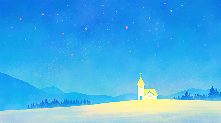 자연요소 식물 계절 기념일 종교 크리스마스 종교건축 자연 건물 야간 생태계 파일형식 AI콘텐츠 겨울 교회 별 하늘 산 풍경 저녁 날씨 조명 입체 색채 평야 나무 기독교 크리스마스트리 JPG 일러스트 국내일러스트 AI일러스트