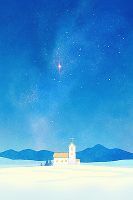 자연요소 계절 기념일 종교 종교건축 눈_날씨 건물 달 생태계 파일형식 AI콘텐츠 교회 겨울 산 별 하늘 평원 고요 자연 풍경 우주 달빛 조용 흰눈 JPG 일러스트 국내일러스트 크리스마스 기독교 AI일러스트