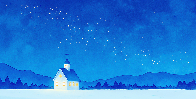 자연요소 계절 기념일 별 종교 종교건축 하늘 건물 파란색 빛 야간 생태계 파일형식 AI콘텐츠 겨울 교회 풍경 산 숲 하늘색 조명 따뜻함 공간 고요 자연 밤하늘 별빛 건축 JPG 일러스트 국내일러스트 크리스마스 기독교 AI일러스트