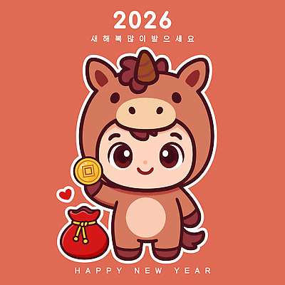 캐릭터 전통 기념일 남자 아시아 어린이 컨셉 표정 이벤트 말_동물 절_인사 황금 연도 파일형식 벡터 2026년 소년 유니콘 새해 금화 옷 귀여움 세배 명절 봉투 한국 축하 웃음 소원 행운 상징 일러스트 일러캐릭터 AI파일 붉은말 병오년 말