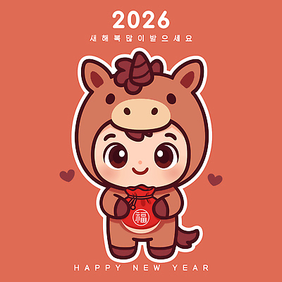 캐릭터 전통 명절 기념일 감정 아시아 컨셉 전통소품 이벤트 말_동물 연도 파일형식 벡터 2026년 새해 복주머니 축하 귀여움 설날 행복 컬러 축제 아기자기 디자인 한국 문화 일러스트 일러캐릭터 AI파일 붉은말 병오년 말