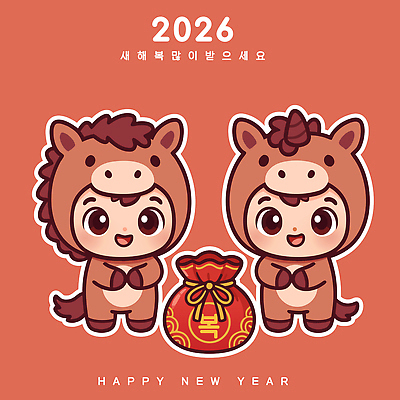 캐릭터 교육 아시아 컨셉 새해 전통소품 표정 사람 이벤트 인사 말_동물 연도 파일형식 벡터 2026년 웃음 복주머니 축하 그림 한국 전통 기념일 연말 문화 축제 새해인사 유치원 어린이 일러스트 일러캐릭터 AI파일 붉은말 병오년 말