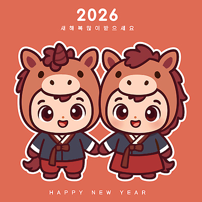 캐릭터 한국전통 전통 기념일 아시아 컨셉 관계 표정 사람 이벤트 말_동물 전통의상 연도 파일형식 벡터 2026년 새해 어린이 한복 축하 웃음 명절 한국 옷 친구 성인 만남 장식 일러스트 일러캐릭터 AI파일 붉은말 병오년 말