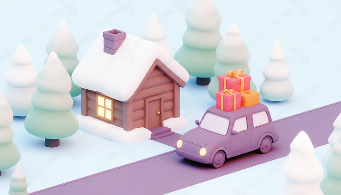 JPG 나무 편집이미지 크리스마스 겨울 자동차 주택 선물 선물상자 보라색 숲 배송 연휴 눈덮임 편집3D 식물 계절 기념일 육상교통 컬러 컨셉 건물 공휴일 상자 3D 파일형식
