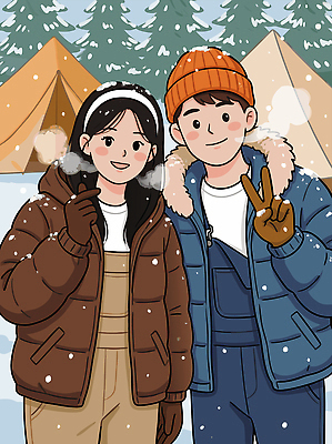 식물 잡화 계절 관계 레저 눈_날씨 표정 캠핑도구 사람 캠핑 파일형식 벡터 겨울 캠핑장 커플 남자 여자 눈송이 나무 텐트 미소 포즈 야외 옷 패션 장갑 일러스트 국내일러스트 AI파일