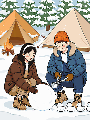 식물 계절 컨셉 관계 불 레저 표정 캠핑도구 캠핑 파일형식 벡터 겨울 캠핑장 눈사람 커플 눈덮임 모닥불 텐트 숲 나무 옷 따뜻함 웃음 일러스트 국내일러스트 AI파일
