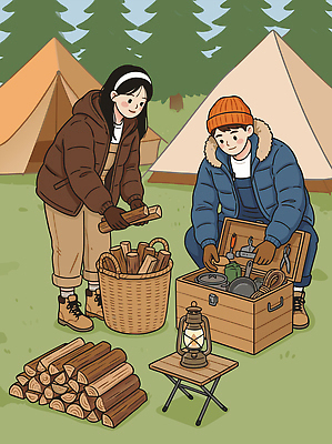 식물 옷 가구 겨울 관계 레저 조명 캠핑도구 사람 캠핑 생태계 파일형식 벡터 캠핑장 텐트 나무 장작 장비 여자 남자 커플 그림 자연 램프 탁자 준비 정리 겨울옷 일러스트 국내일러스트 AI파일