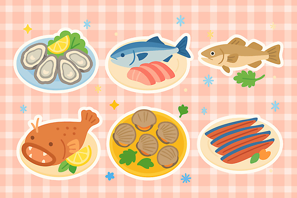 접시 한식 음식 바다 겨울 일러스트 조개 어류 해변 식사 회 굴 저녁 상추 레몬 해산물 겨울음식 건강식 먹거리 아귀 제철음식 국내일러스트 AI파일 식기 계절 채소 과일 어패류 수중동물 야간 제철 파일형식 벡터