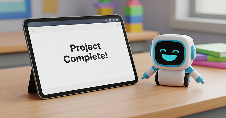 JPG 편집이미지 디자인 교육 교실 모션 기술 웃음 학습 태블릿 장난감 스크린 작업 완료 로봇 프로젝트 이미지편집 AI컴퓨터그래픽 AI콘텐츠 컨셉 학교 표정 전자제품 스마트기기 파일형식