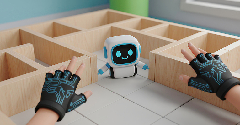 JPG 편집이미지 장갑 모션 기술 웃음 친구 학습 탐험 구조물 나무상자 로봇 미로 상호작용 AI_인공지능 이미지편집 AI컴퓨터그래픽 AI콘텐츠 잡화 교육 건축 관계 표정 상자 파일형식