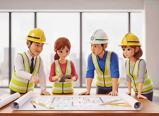 JPG 편집이미지 건축 협력 아이디어 대화 설명 사무실 설계도 도구 조끼 계획 안전모 시공 건설근로자 편집3D 직업 컨셉 비즈니스 모션 건설업 말하기 3D 외투 헬멧 안전장비 파일형식