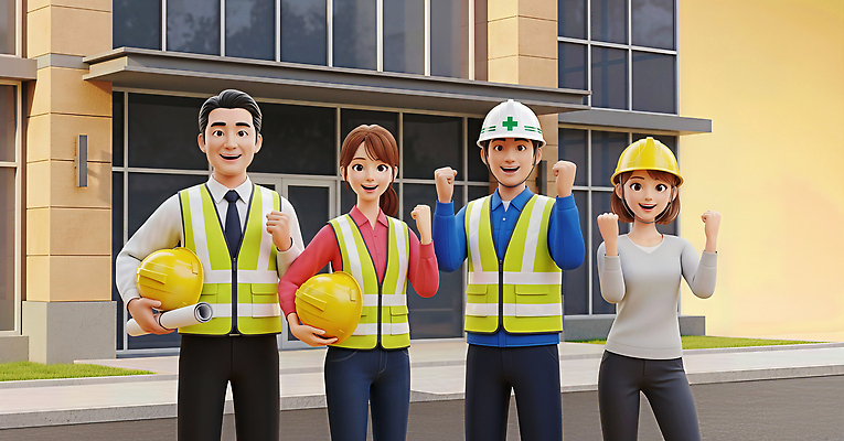 JPG 편집이미지 외관 건축 협력 작업복 안전 여러명 건물 친구 주먹 활발 안전모 헬멧 힘찬 건설근로자 편집3D 직업 건축물 옷 다수 컨셉 관계 모션 사람 3D 안전장비 보호장비 파일형식
