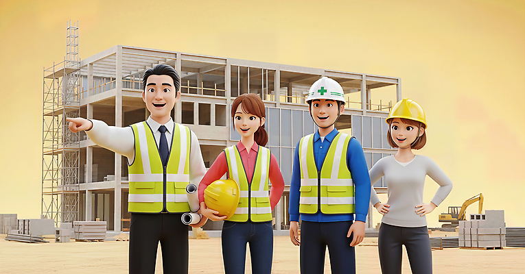 JPG 편집이미지 여자 남자 건축 협력 이야기 대화 안전 여러명 건물 장비 구조물 안전모 헬멧 진행 작업자 건설근로자 편집3D 직업 건축물 다수 말하기 사람 3D 안전장비 보호장비 파일형식