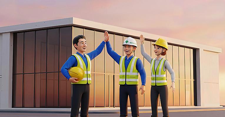 JPG 편집이미지 건축 협력 안전 건물 세명 햇빛 장비 축하 작업 안전모 화합 손흔들기 작업자 건설근로자 편집3D 직업 건축물 컨셉 모션 사람 태양 3D 헬멧 안전장비 파일형식