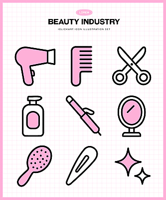 산업 일러스트 뷰티 머리카락 화장품 거울 장비 도구 머리빗 미용실 드라이어 스타일링 국내일러스트 AI파일 머리 미용용품 뷰티샵 파일형식 벡터