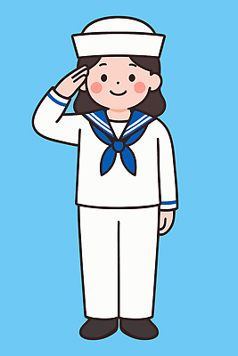 캐릭터 손 어린이 바다 포즈 유니폼 일러스트 미소 소녀 일상 파란색 머리카락 귀여움 인사 해군 밝은색 국내일러스트 AI파일 옷 여자 컬러 컨셉 군대 표정 사람 라이프 신체부위 머리 예절 파일형식 벡터
