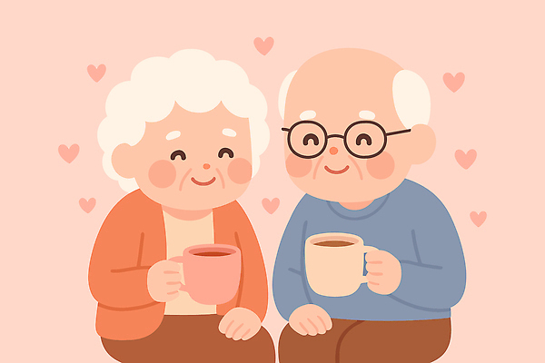 캐릭터 커플 노년 행복 여유 커피 백그라운드 일러스트 가족 함께함 따뜻함 대화 손잡이 사랑 웃음 친구 실버라이프 칠판 하트 대면 국내일러스트 AI파일 모양 라이프스타일 감정 음료 컨셉 관계 표정 말하기 성인 파일형식 벡터