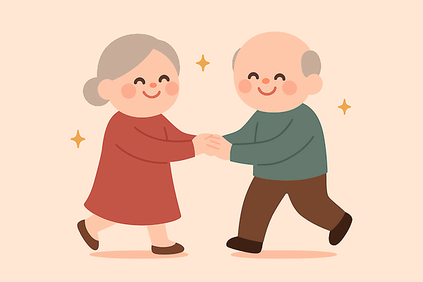 부부 노년 행복 감정 여유 포즈 일러스트 관계 따뜻함 사랑 미소 친구 실버라이프 손잡기 노부부 기쁨 만남 소통 교감 국내일러스트 AI파일 라이프스타일 커플 컨셉 모션 표정 성인 파일형식 벡터