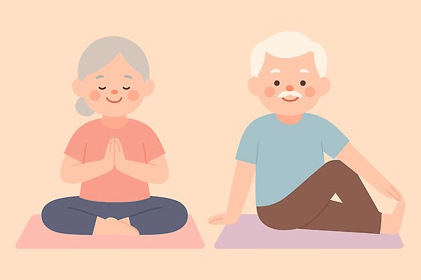 라이프스타일 손 노년 행복 일러스트 요가 모션 함께함 실내 건강 사람 앉기 라이프 실버라이프 운동 유행 스트레칭 자유 기도 쌍 평면 국내일러스트 AI파일 웰빙 감정 컨셉 성인 내부 생활 신체부위 파일형식 벡터