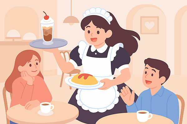 문화 커피 음료 의자 일러스트 탁자 아이스크림 디저트 대화 내부 여름 친구 식사 카페 분위기 편안함 종업원 고객 서빙 오므라이스 메이드 덕후 국내일러스트 AI파일 직업 계절 음식 가구 컨셉 관계 말하기 상점 감각 계란요리 약어 파일형식 벡터