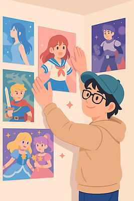 캐릭터 감정 포스터 문화 벽 컬러 일러스트 모션 소년 취미 장식 친구 세트 방 즐거움 그림 붙이기 창의력 덕후 국내일러스트 AI파일 남자 어린이 관계 약어 파일형식 벡터