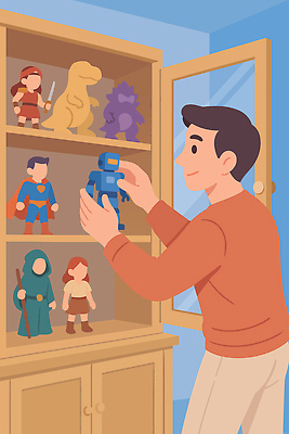 캐릭터 손 남자 문화 어린이 인형 컬러 일러스트 가족 모션 놀이 취미 장난감 피규어 로봇 공룡 진열장 정리 슈퍼맨 유리문 덕후 국내일러스트 AI파일 관계 파충류 사람 신체부위 문 미니어처 영웅 약어 파일형식 벡터