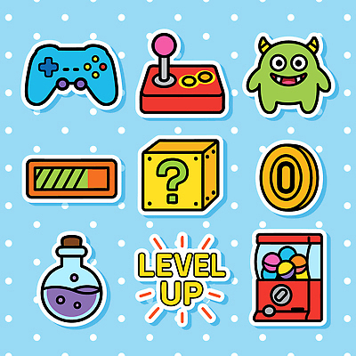 디자인 문화 컬러 스티커 일러스트 놀이 그래픽 스크린 게임 즐거움 아이템 레벨업 몬스터 보너스 가상 덕후 국내일러스트 AI파일 감정 약어 파일형식 벡터