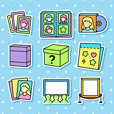 디자인 문화 컬러 백그라운드 스티커 일러스트 놀이 장식 초록색 파란색 상자 보라색 앨범 오브젝트 그림 바인더 CD자켓 아이돌 덕후 국내일러스트 AI파일 사무용품 CD 연예인 약어 파일형식 벡터