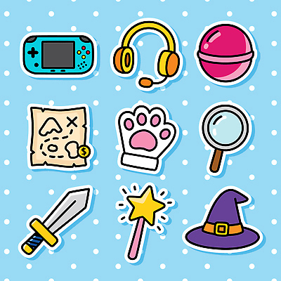 캐릭터 손 문화 스티커 지도 일러스트 돋보기 장난감 헤드셋 장비 게임 도구 검 확대경 마법 아이템 게임패드 마법봉 마법지팡이 보물지도 덕후 국내일러스트 AI파일 무기 음향기기 놀이 신체부위 헤드폰 약어 파일형식 벡터