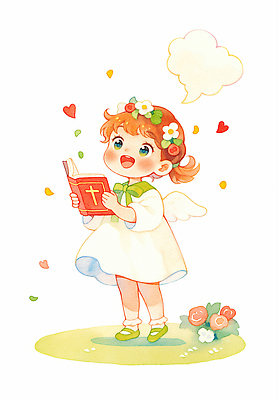 JPG 꽃잎 꽃 어린이 컬러 날개 일러스트 모션 천사 장식 책 초록색 머리 기쁨 하트 읽기 즐거움 그림 찬양 흰옷 국내일러스트 AI일러스트 AI콘텐츠 모양 식물 옷 감정 사람 신체부위 파일형식