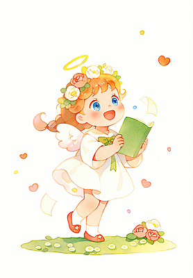 JPG 디자인 드레스 꽃잎 꽃 행복 감정 어린이 컬러 일러스트 모션 천사 웃음 책 기쁨 하트 주위 헤어액세사리 국내일러스트 AI일러스트 AI콘텐츠 모양 식물 옷 장신구 표정 사람 장식 파일형식