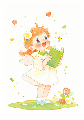 JPG 캐릭터 꽃 행복 종교 어린이 컬러 날개 일러스트 노래 상상 자연 천사 갈색머리 표정 사랑 소녀 책 기쁨 하트 읽기 국내일러스트 AI일러스트 AI콘텐츠 모양 식물 헤어스타일 여자 감정 음악 모션 사람 생태계 파일형식