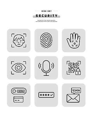 아이콘 손 얼굴 안전 자료 이메일 암호 보호 마이크 보안 시스템 QR코드 인증 지문 2D아이콘 AI파일 음향기기 컨셉 신체부위 파일형식 벡터