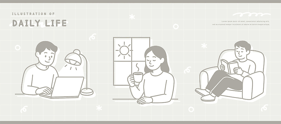 여자 남자 일러스트 창문 모션 조명 주택 실내 취미 일상 생활 책 컴퓨터 소파 햇빛 작업 편안함 읽기 오후 국내일러스트 AI파일 의자 사람 내부 건물 라이프 전자제품 태양 감각 파일형식 벡터