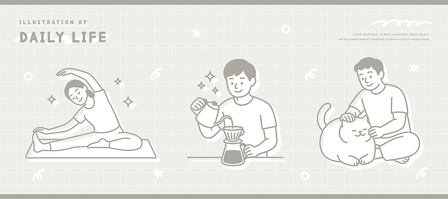 손 감정 커피 일러스트 요가 모션 주택 사람 취미 일상 반려동물 운동 고양이 스트레칭 편안함 만들기 일과 안락 국내일러스트 AI파일 동물 웰빙 음료 컨셉 포유류 건강 건물 라이프 신체부위 감각 파일형식 벡터